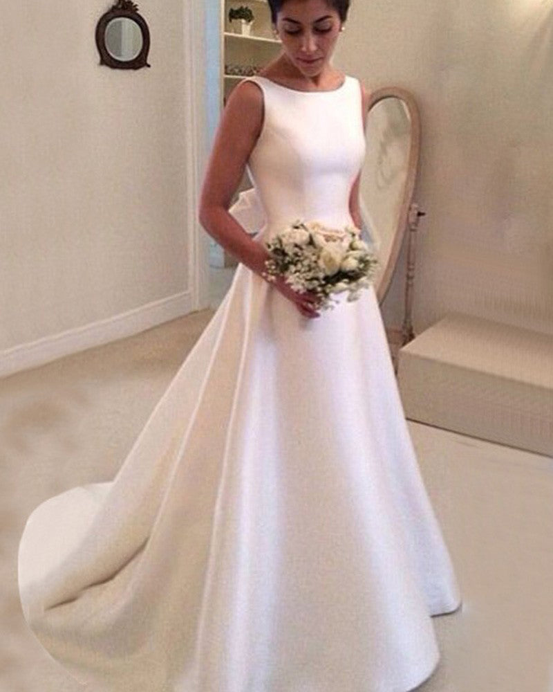 Vestido de novia sencillo y elegante de satén con escote barco y corte en A para mujer 2024