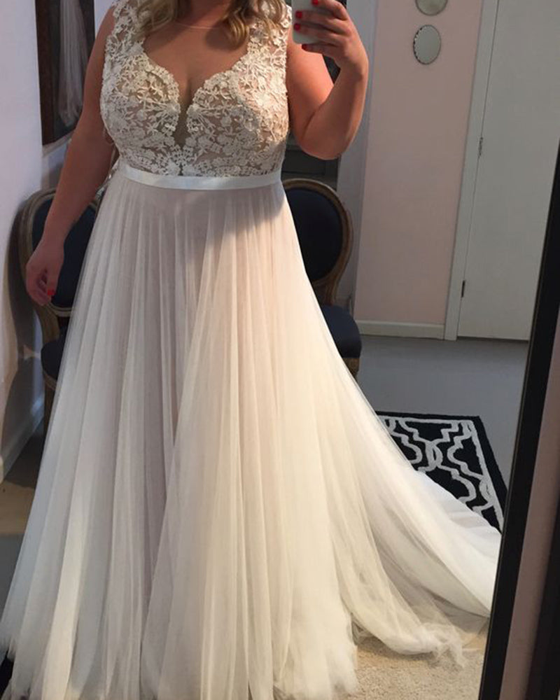 Plus Size Lace  and Tulle Beach Bridal Dresses Sexy V Neck WD362