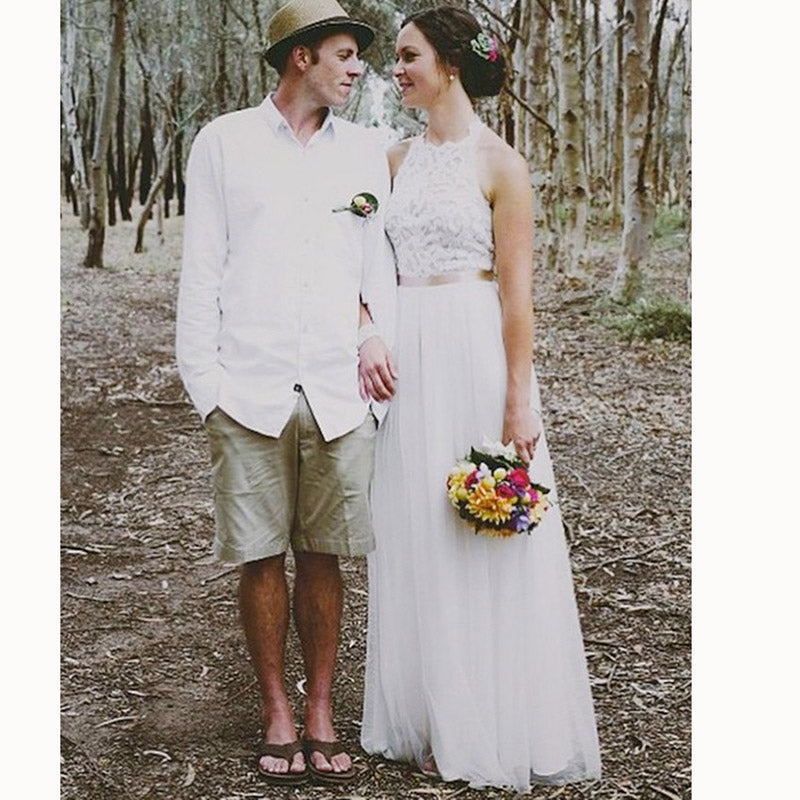 Robe de mariée de campagne bohème d'été 2020, robe de mariée de plage en dentelle et mousseline de soie avec ceinture