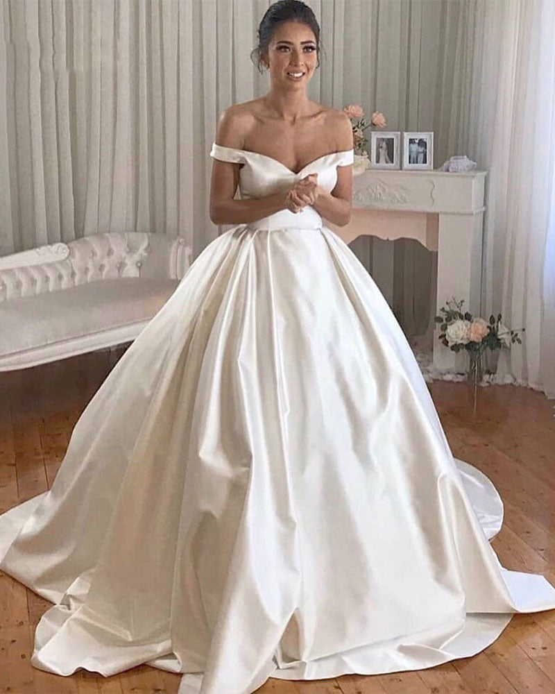 Vestidos de novia de satén con hombros descubiertos 2019 WD654