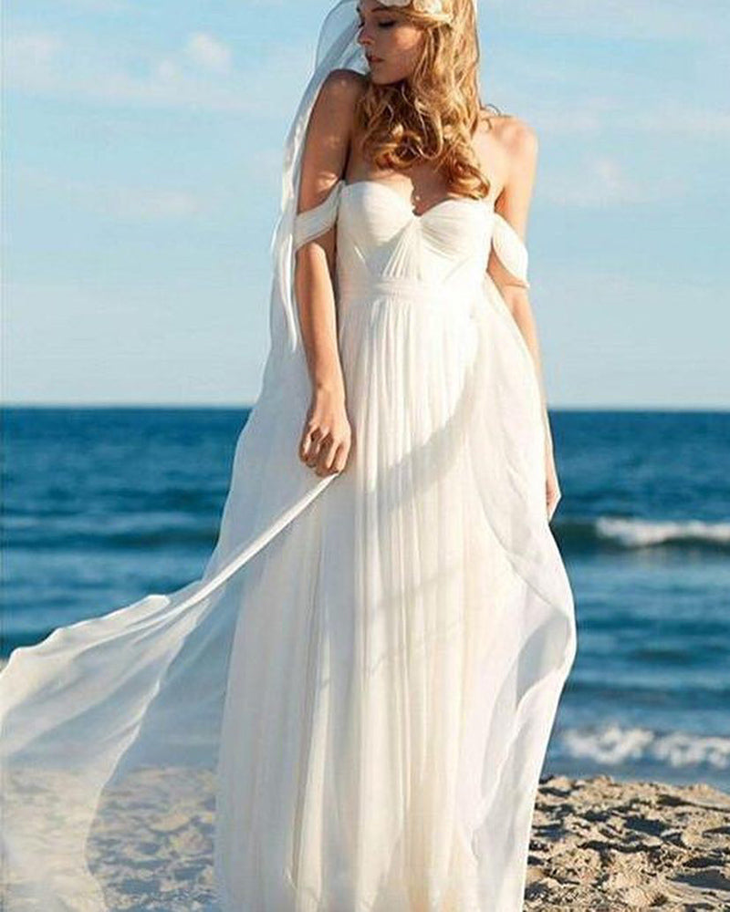 Elegantes vestidos de novia de playa de gasa color marfil con hombros descubiertos WD652