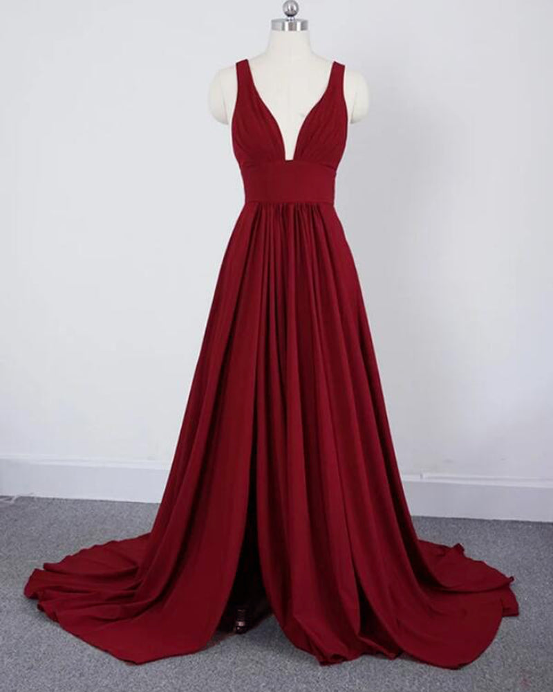 Sexy V Neck Cherry Red Long Bridesmaid Dress Maid of Honor Women Forma –  Siaoryne