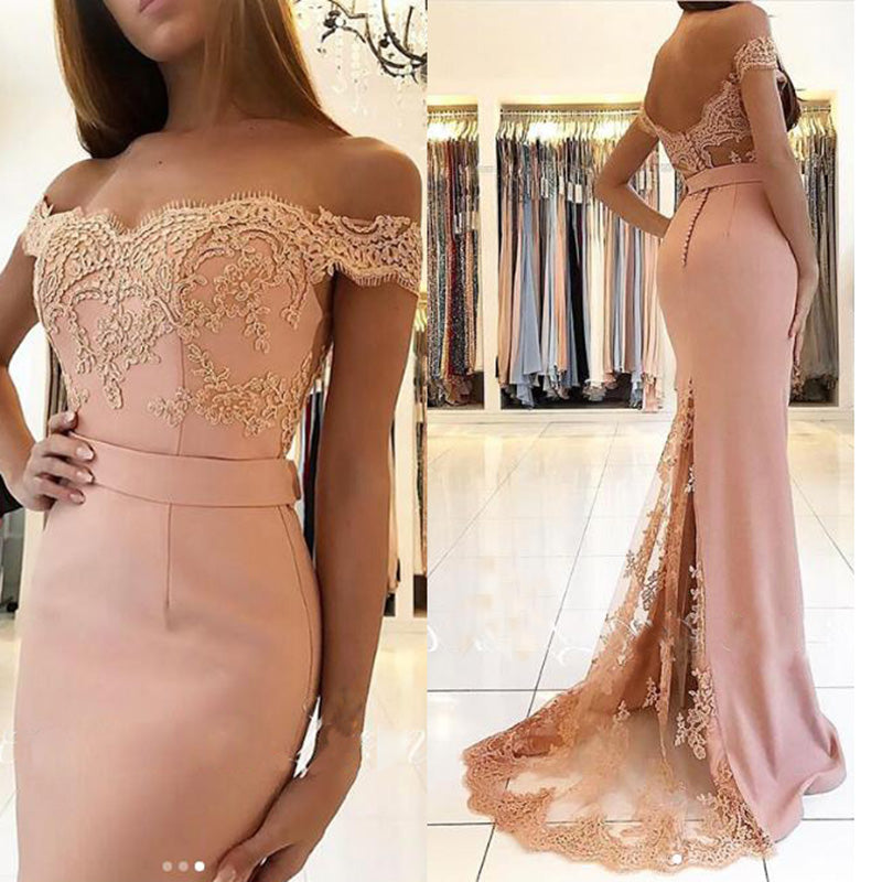 Mermaid Prom Dress with Beadings and Appliques - Off-The-Shoulder Pink Front Split Long Sleeves