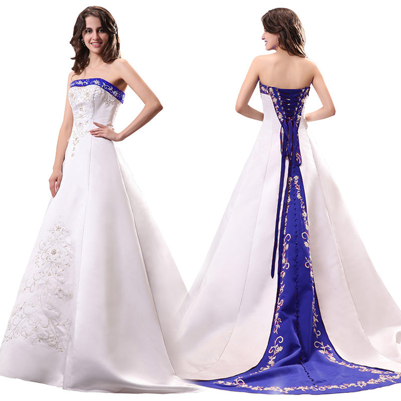 Unique Blue and White Wedding Dress A Line Satin Embroidery Beaded Bri