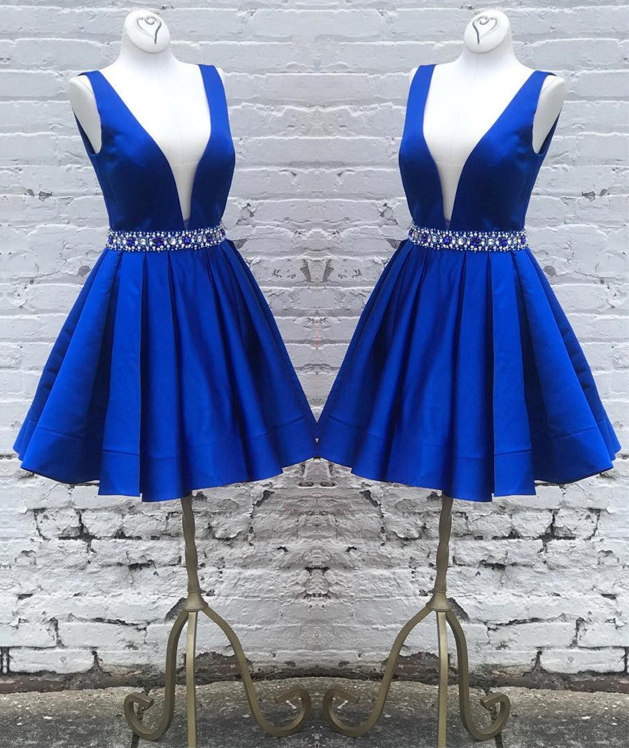 Siaoryne LP014 Vestido corto azul real de satén elegante para fiesta de graduación, cóctel, semiformal, escote en V profundo