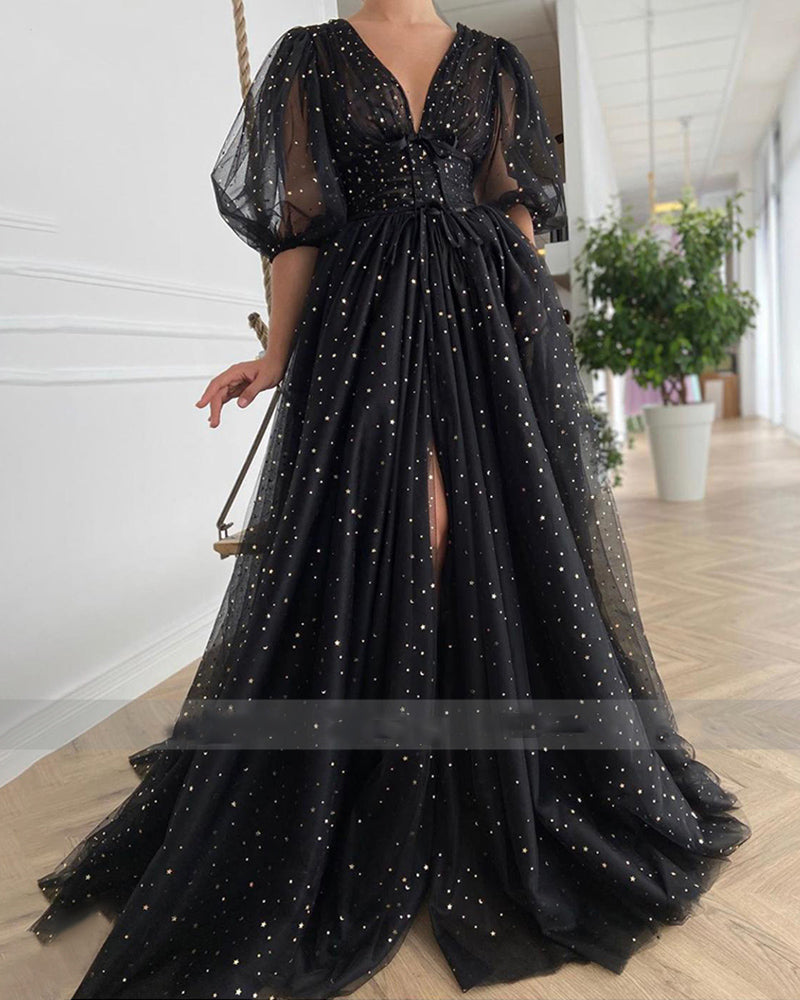Black Starry Tulle Prom Dresses Sparkly V-Neck Half Puff Sleeves Ruche Siaoryne Black Starry Tulle Prom Dresses Sparkly V-Neck Half Puff Sleeves Ruche Siaoryne