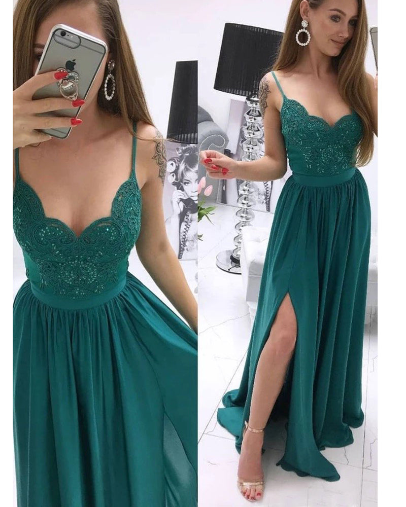 Vestido de fiesta largo verde esmeralda para niñas con tirantes y apliques de encaje 2020