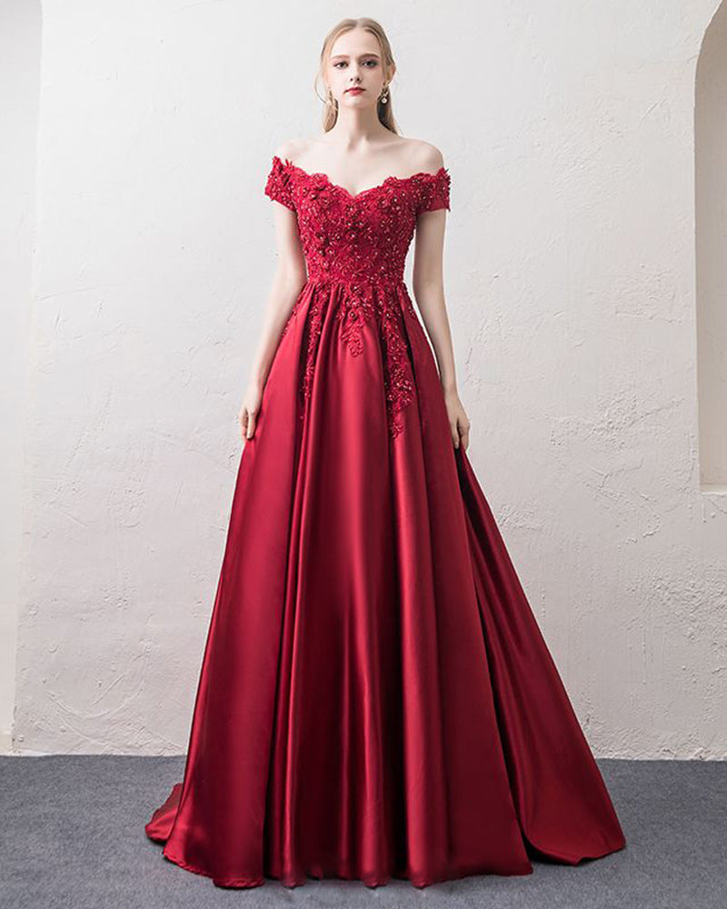 Off Shoulder Wine Red A Line Satin Long Formal Dresses Prom Gown with Siaoryne Off Shoulder Wine Red A Line Satin Long Formal Dresses Prom Gown with Siaoryne