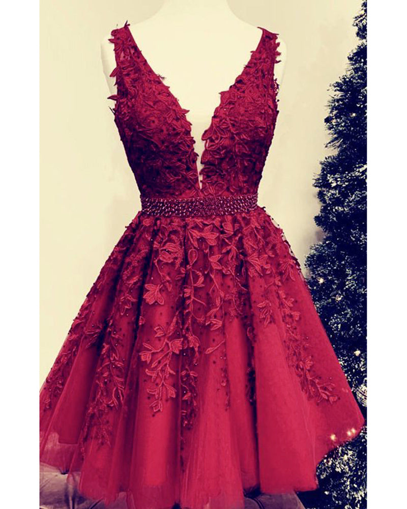 Superbe robe de bal junior en dentelle rouge foncé, robe de bal courte 2024 SP2018