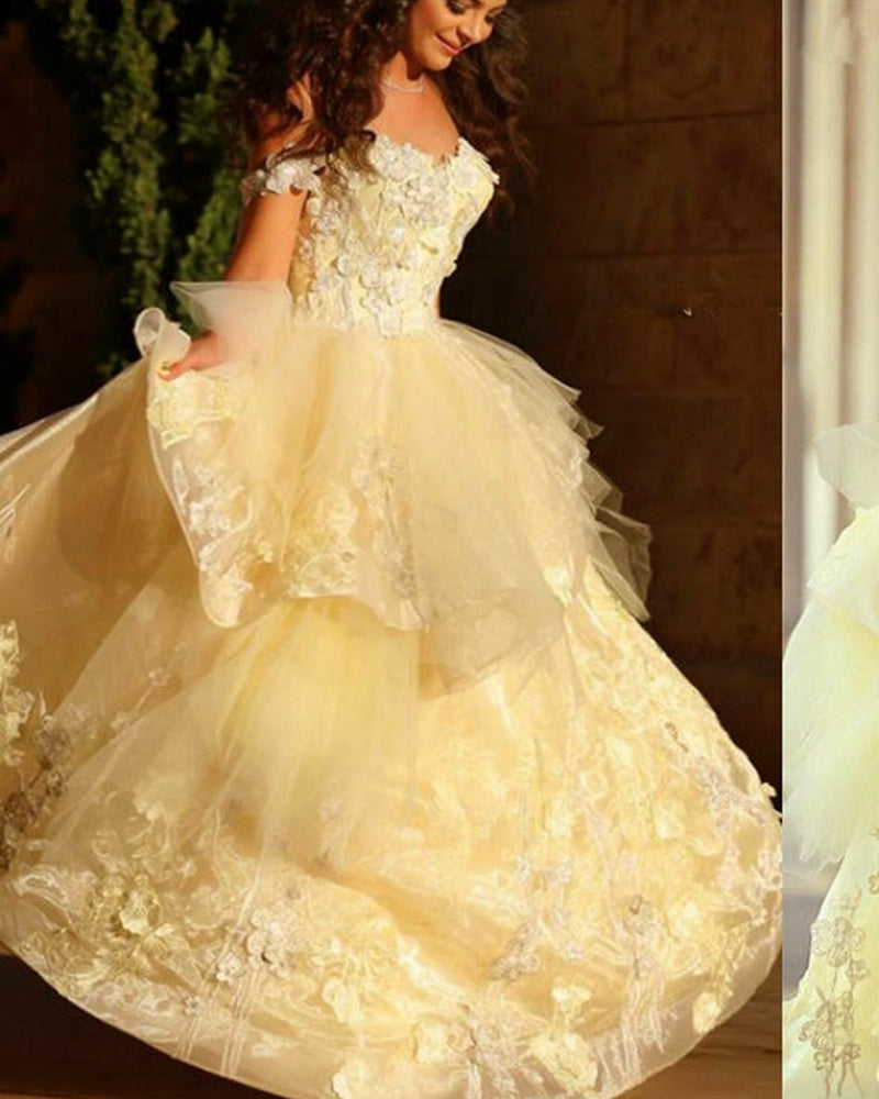 Off Shoulder Lace Yellow Girls Birthday Party Dress Swee 16 Gowns Quinceanera PL0519