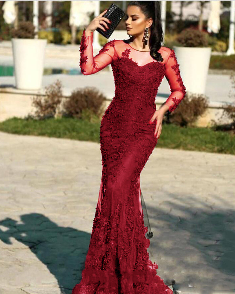 Robe de soirée sirène vintage bordeaux/bleu marine/noir à manches longues en dentelle 2020 avec appliques et traîne