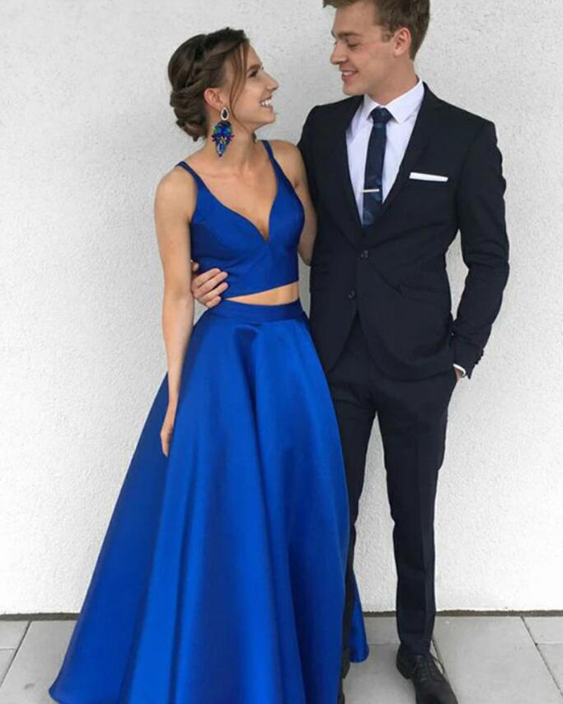 Siaoryne Royal Blue Satin A Line Crop Top 2 Pieces Long Evening Gown G