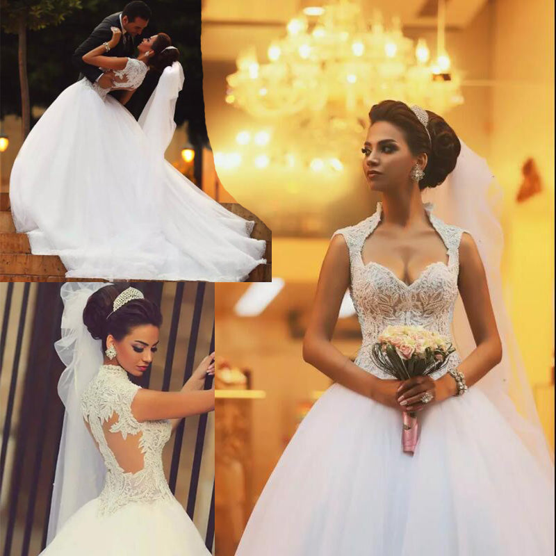 Buy Cap Sleeves Sexy Princess Pearl Lace wedding Dress A Line Custom Made –  Siaoryne