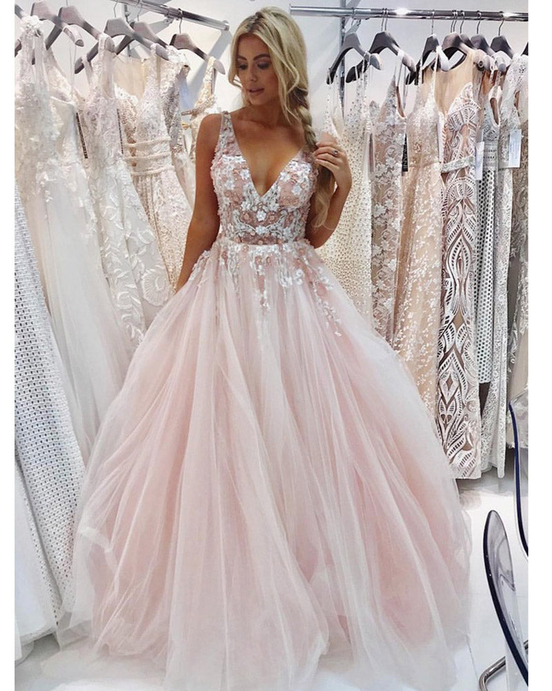 open lace back dress Siaoryne Peach Color Puffy V Neck Floor Length Girls Senior Prom Gradu