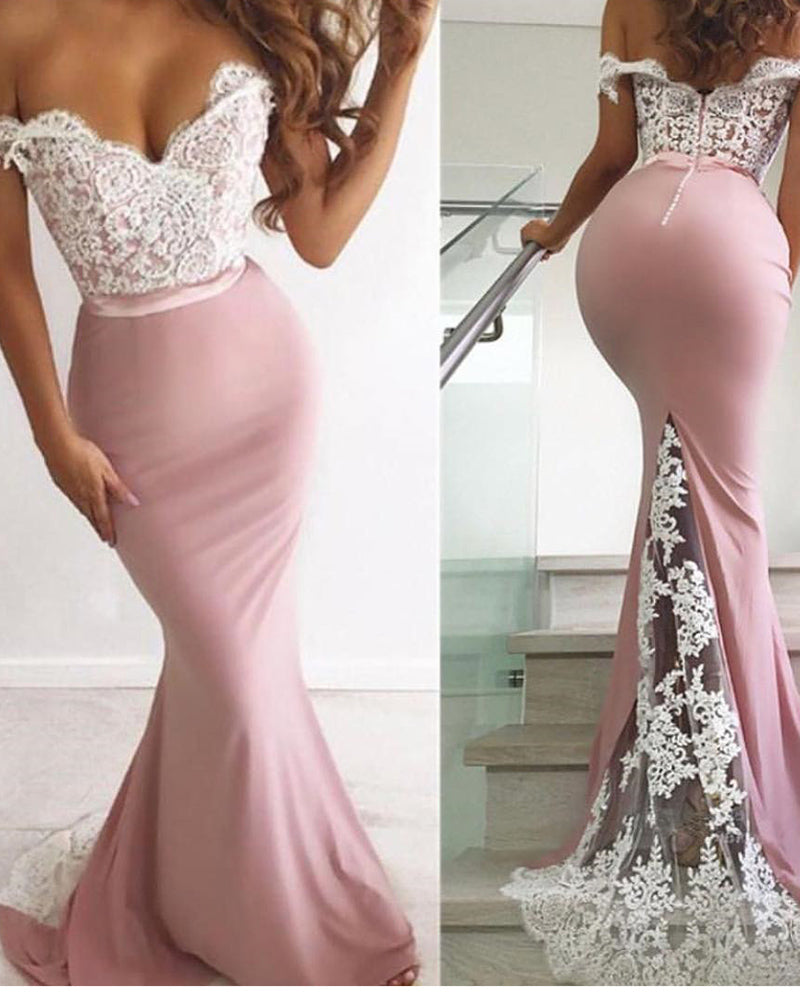 Elegantes vestidos de noche de sirena con encaje rosa y blanco, largos y hombros descubiertos, vestidos de fiesta para mujer PL574