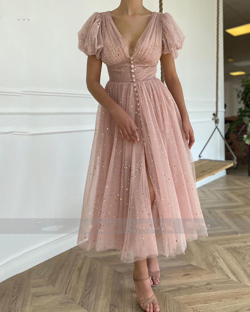 Pink V neck Formal 1950s Prom Dress Short Sleeves swing dress SP10301