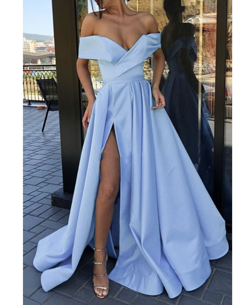 Robe de soirée longue bleu bébé à épaules dénudées, robe de soirée en satin froncé, ligne A, avec fentes, PL071420