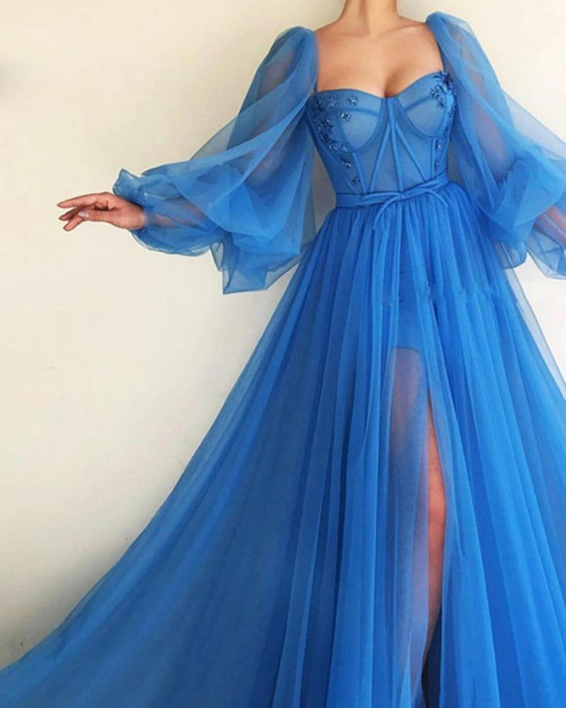 Robe de soirée princesse longue bleue à manches bouffantes avec fente PL10427