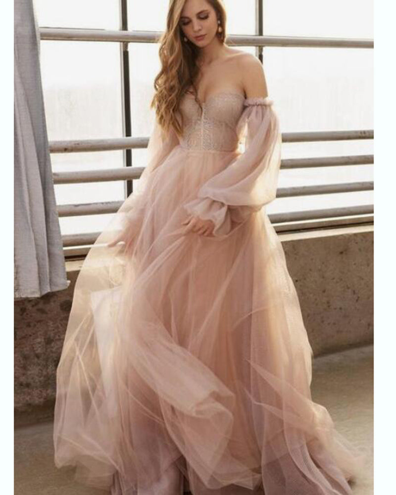 Blush /Peach Pink Sweetheart Long Puffy Sleeves Tulle Dress PL10426   Siaoryne