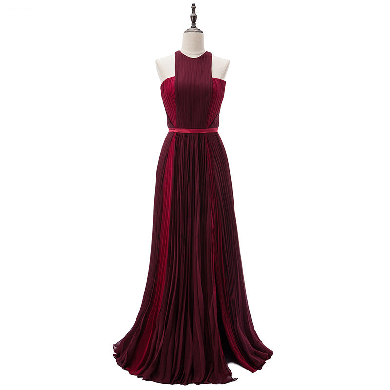 Grape Pleated Chiffon Two Tunes Halter Prom Dresses Long Evening Formal Gowns women