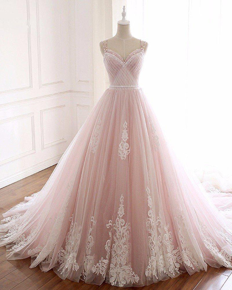 Vestido de novia de encaje rosa/marfil, vestido de fiesta de quinceañera para niñas de 16 años con tirantes PD06238