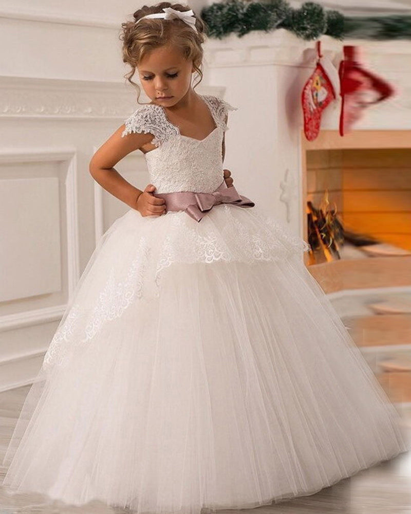 Flower Girl Kids Bridal Dresses Ball Gown Lace White Flower Girls