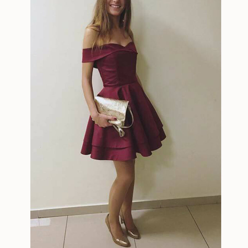 SP2118 Vestido de graduación corto, elegante, con hombros descubiertos, color burdeos, semiformal, para regreso a casa y fiesta de graduación
