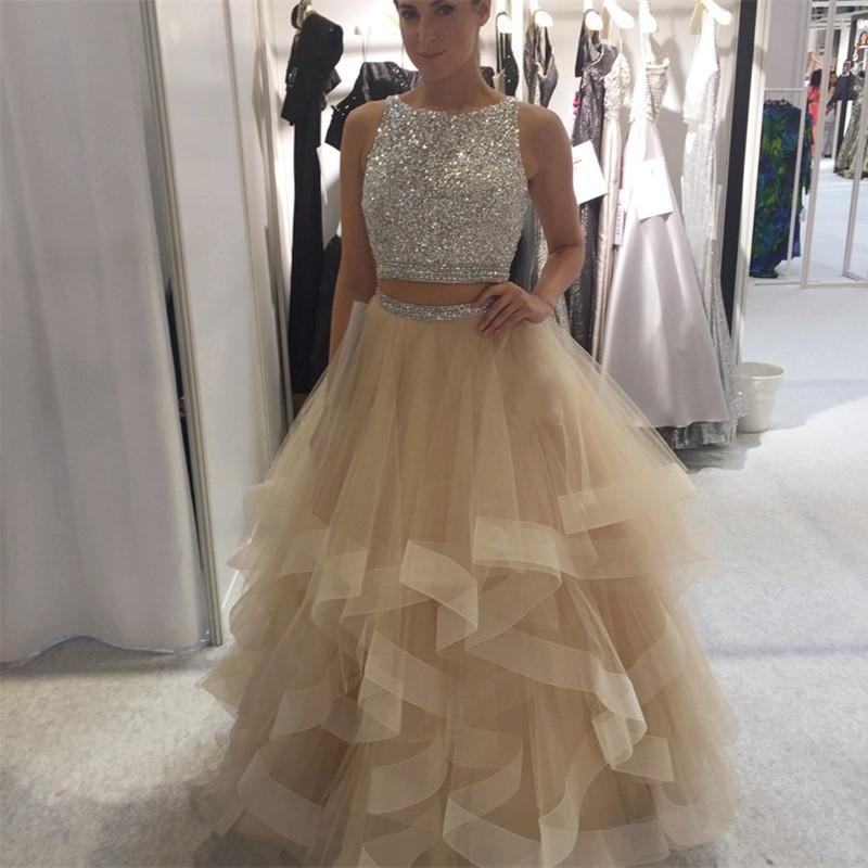 Long Crystal Beaded Two Pieces Prom Dresses Ruffles Ball Gown Skirt 20 –  Siaoryne