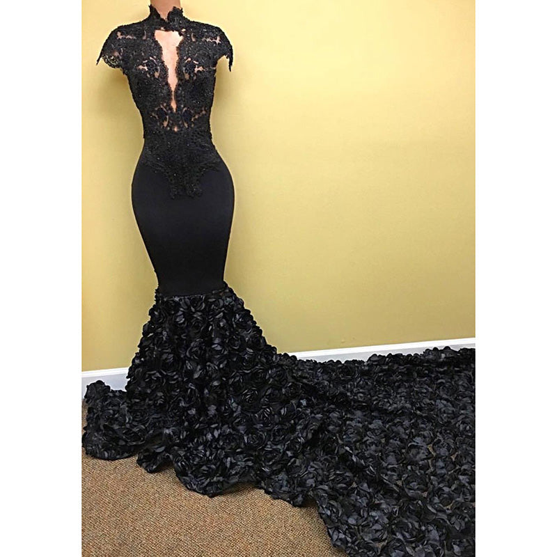 Siaoryne LP022 Increíble vestido de fiesta negro con mangas cortas y encaje con flores en la parte inferior y cola larga 2020
