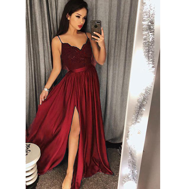 Long Burgundy Evening Dresses with Straps Lace Top sexy Slit Party For Siaoryne Long Burgundy Evening Dresses with Straps Lace Top sexy Slit Party For Siaoryne