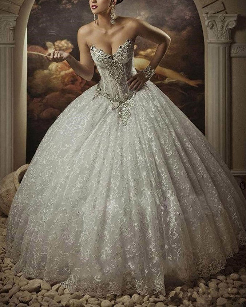 Gothic Style Corset Ball Gown Lace Wedding Dresses Sweetheart Beaded Bridal Gown WD681