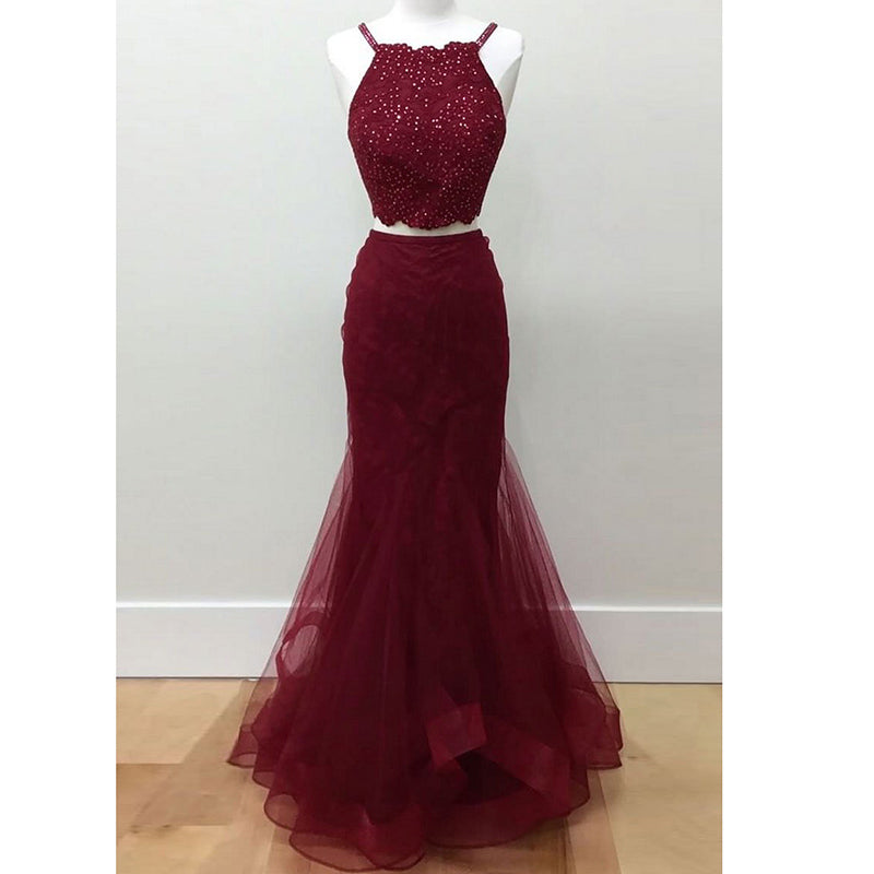 LP1596 Halter Sexy Bordeaux Crop Top 2018 Robe de bal deux pièces Sirène Robes de soirée Robes de concours