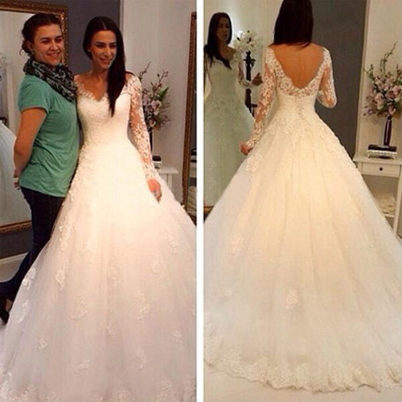 Vestidos de novia elegantes de manga larga con espalda abierta y encaje en forma de A, vestido de novia WD5598