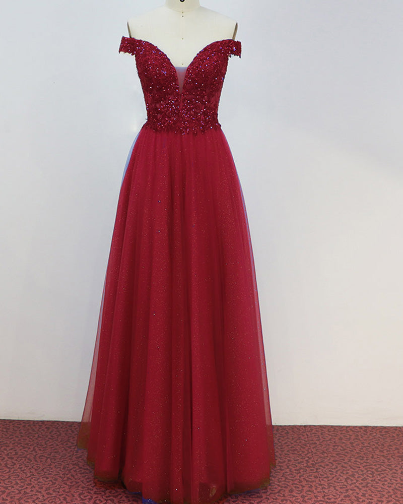 Vestido de noche largo con hombros descubiertos y encaje con cuentas de color rojo vino de Siaoryne PL0611