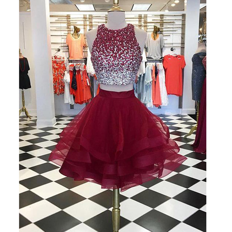 Borgoña rebordear Halter Corp Top/dos/2 piezas corto Jr. vestidos de graduación