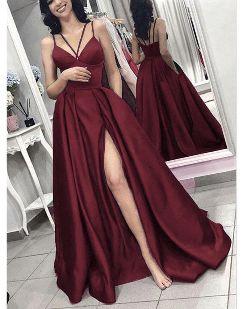 Robe de soirée élégante en satin à bretelles spaghetti et longue ligne A, bordeaux/vert, fente haute, PL97745