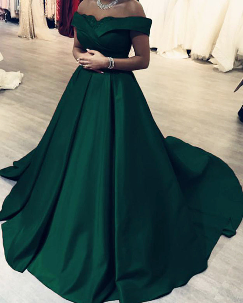 Robe de bal longue en satin vert foncé/rouge vin à épaules dénudées, coupe A-line, PL3311