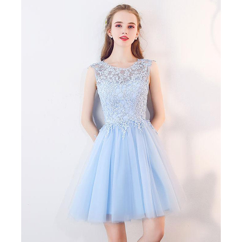 Scoop Neck Light Blue Short Prom Dresses Lace Girls Junior Graduation Dress for 8th Grade
