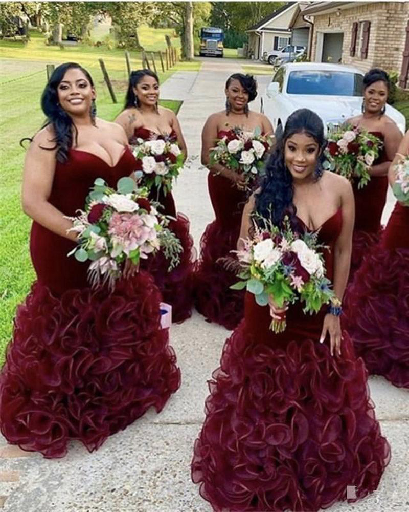 Sexy Sweetheart Ruffles Burgundy Mermaid Bridesmaid Dress Women Wedding Party Gown PL103091
