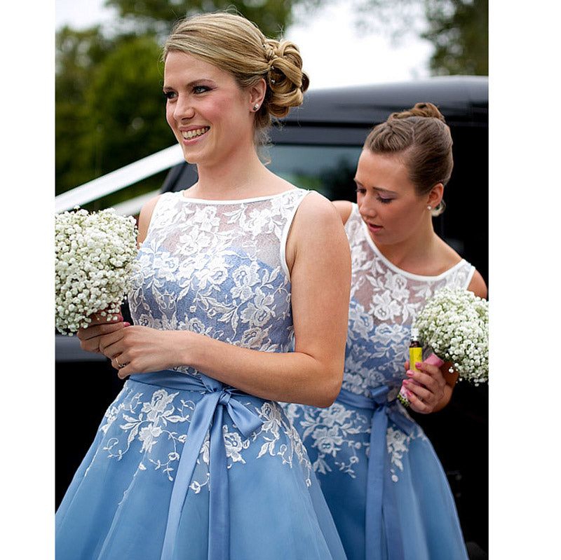 White and Blue Bridesmaid Dresses Women Short Wedding Party Gown Girls
