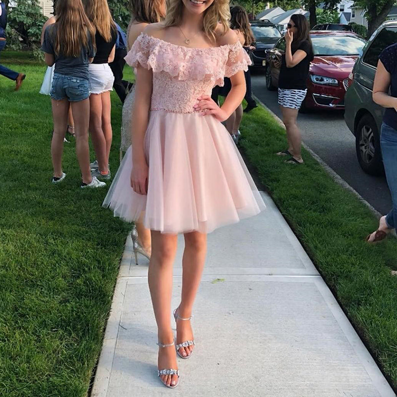 Blush Pink Off the Shoulder Short Party Dress, Cocktail Lace Short Hom –  Siaoryne