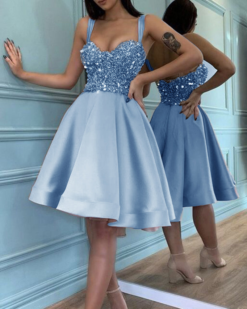 Pink / Blue Knee Length Short Prom Dress with Straps Sequins Beading , Siaoryne Pink / Blue Knee Length Short Prom Dress with Straps Sequins Beading , Siaoryne