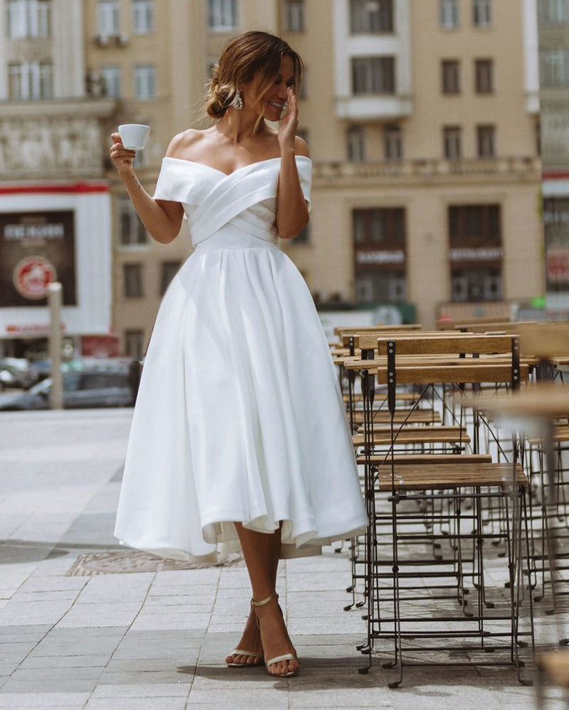 Off the Shoulder Summer Bridal Gown Short White Satin Wedding Dress Kn Siaoryne Off the Shoulder Summer Bridal Gown Short White Satin Wedding Dress Kn Siaoryne