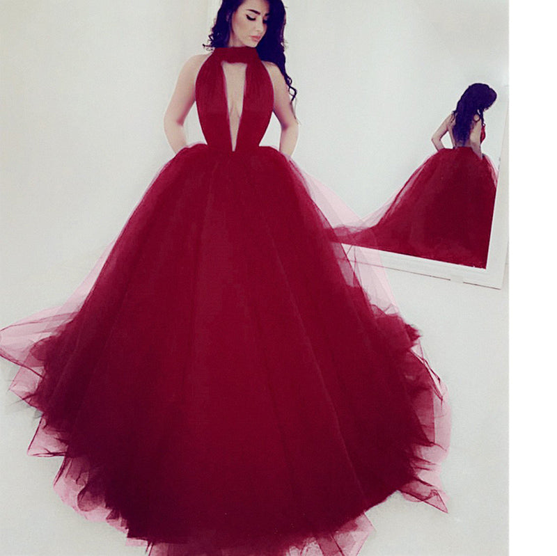 Burgundy Halter Ball Gown Women Evening Party Dress Sexy Backless Puff –  Siaoryne