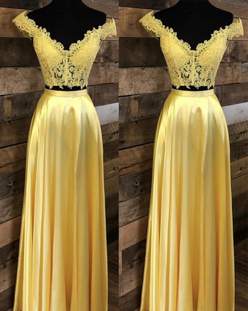 Robe de bal longue jaune avec haut court et dentelle à épaules dénudées pour filles PL1100