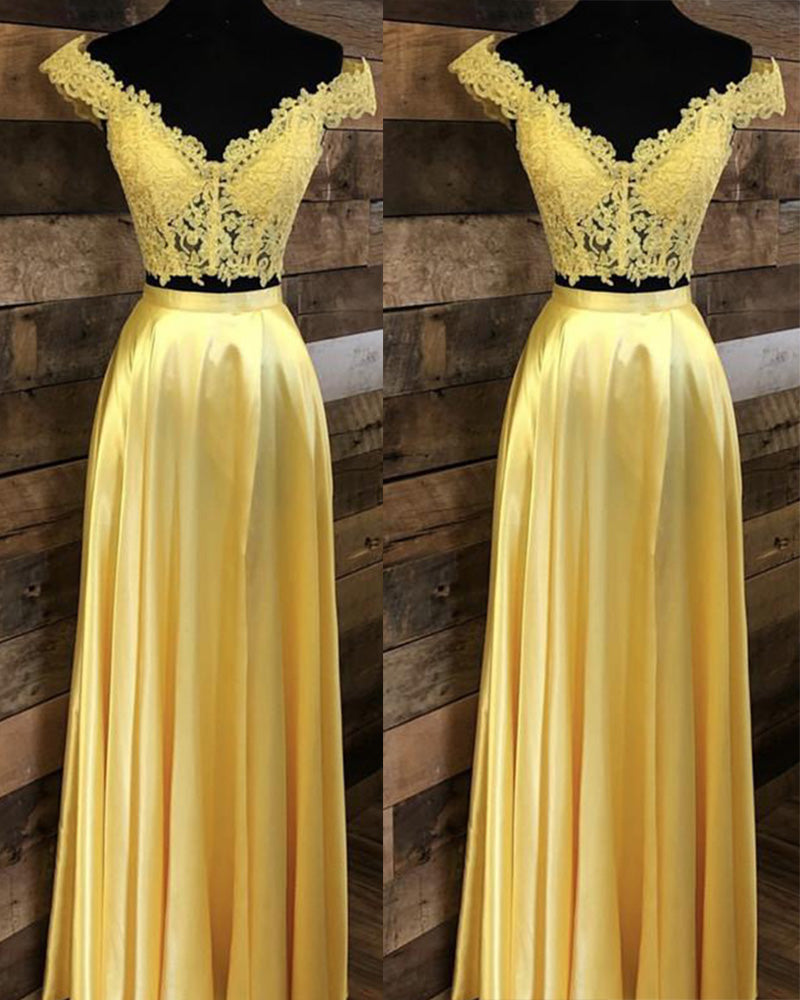 Yellow Crop Top Long Prom Dress Lace Off the Shoulder Gown For Grils PL1100
