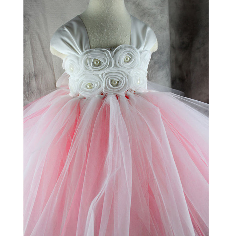 Pink handmade flower Girls Dresses with Bow Sash Ball Gown Baby Communion Gown