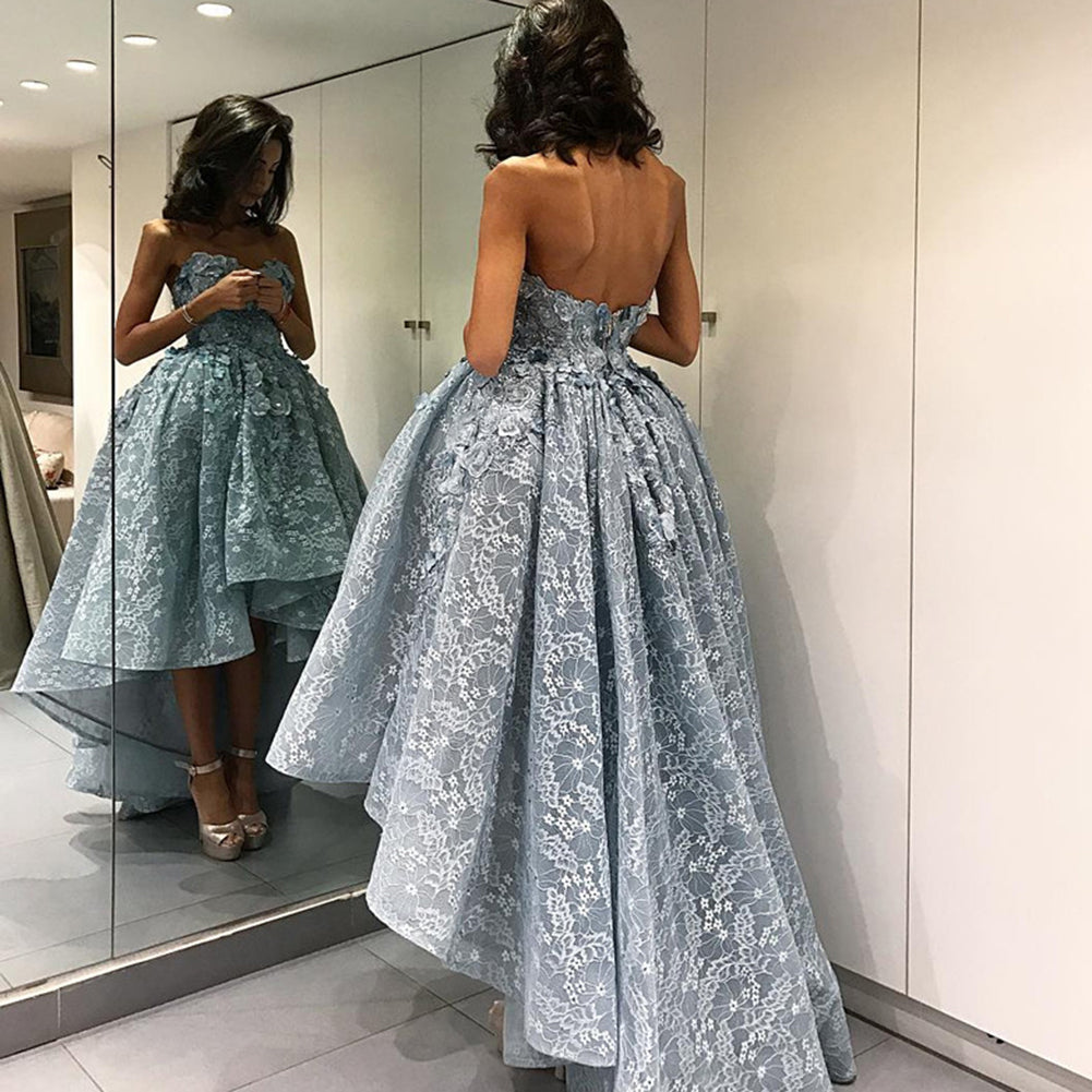 silver dresses for teenagers Siaoryne LP030 Sweetheart Lace Ball Gown High Low Evening Dresses for