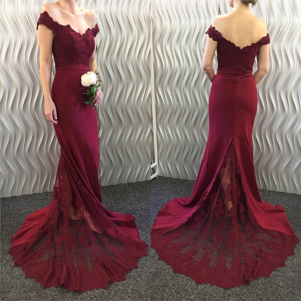 Siaoryne off the shoulder Lace Mermaid Burgundy Bridesmaid Dresses Lon