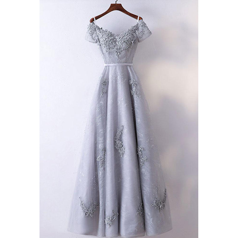 LP7363 Off the Shoulder Short Sleeves Silver Grey Beaded Lace A Line P –  Siaoryne